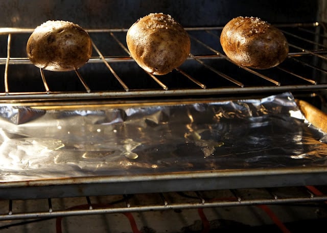 A metal rack in an oven