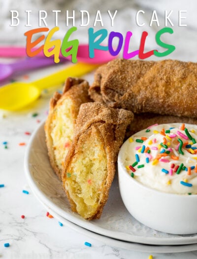 These Birthday Cake Egg Rolls are so fun! They taste like a giant churro that's been stuffed with birthday cake! YUM!