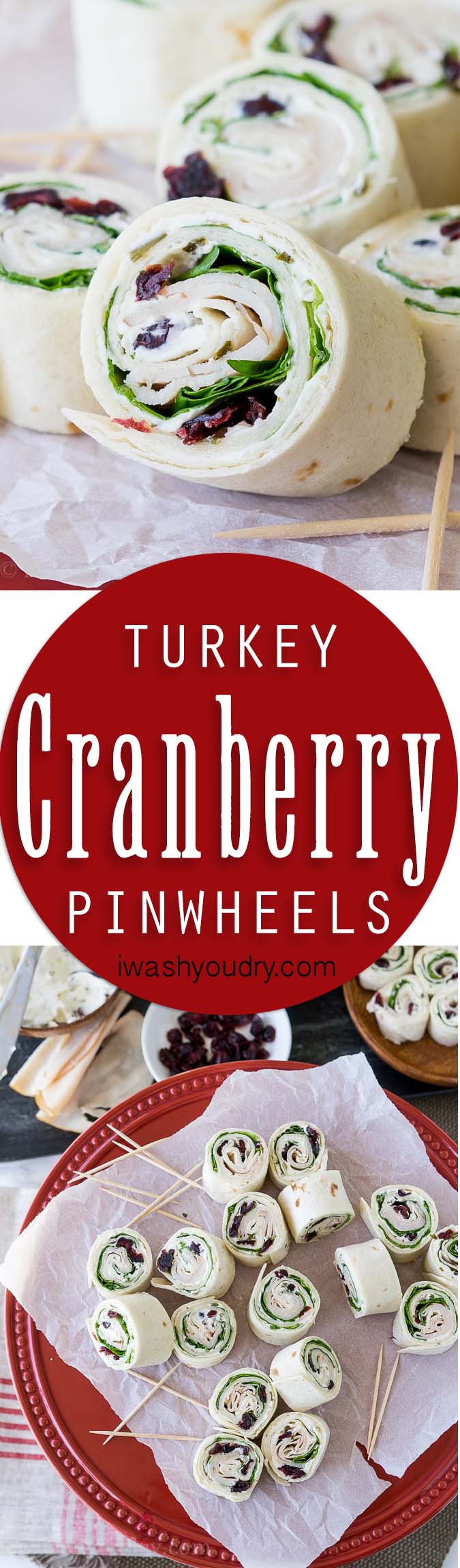 These Turkey Cranberry Pinwheels are filled with a creamy cream cheese, spinach, turkey and cranberries! Perfect for lunch or appetizers!