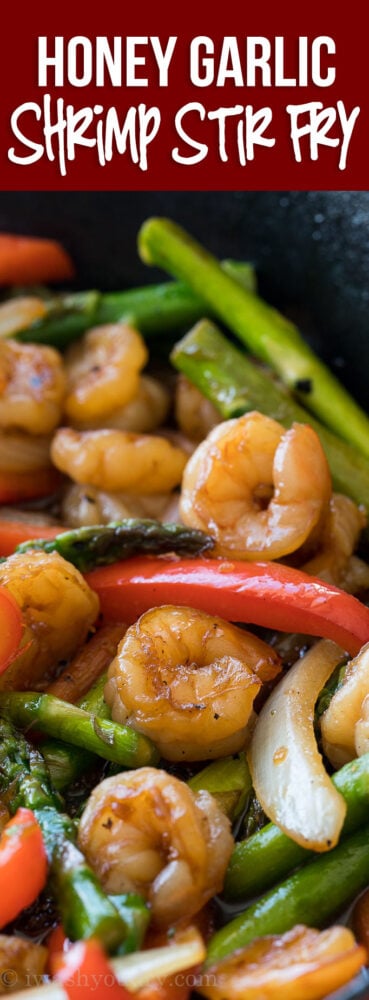This quick and easy Honey Garlic Shrimp Stir Fry is filled with plump shrimp and fresh veggies in a simple and delicious honey garlic sauce!