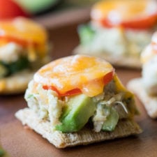 A close up of food on a table, with Avocado, Tuna, tomatoes and cheese on a cracker
