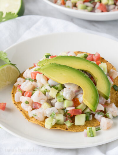 shrimp served with avocado on top